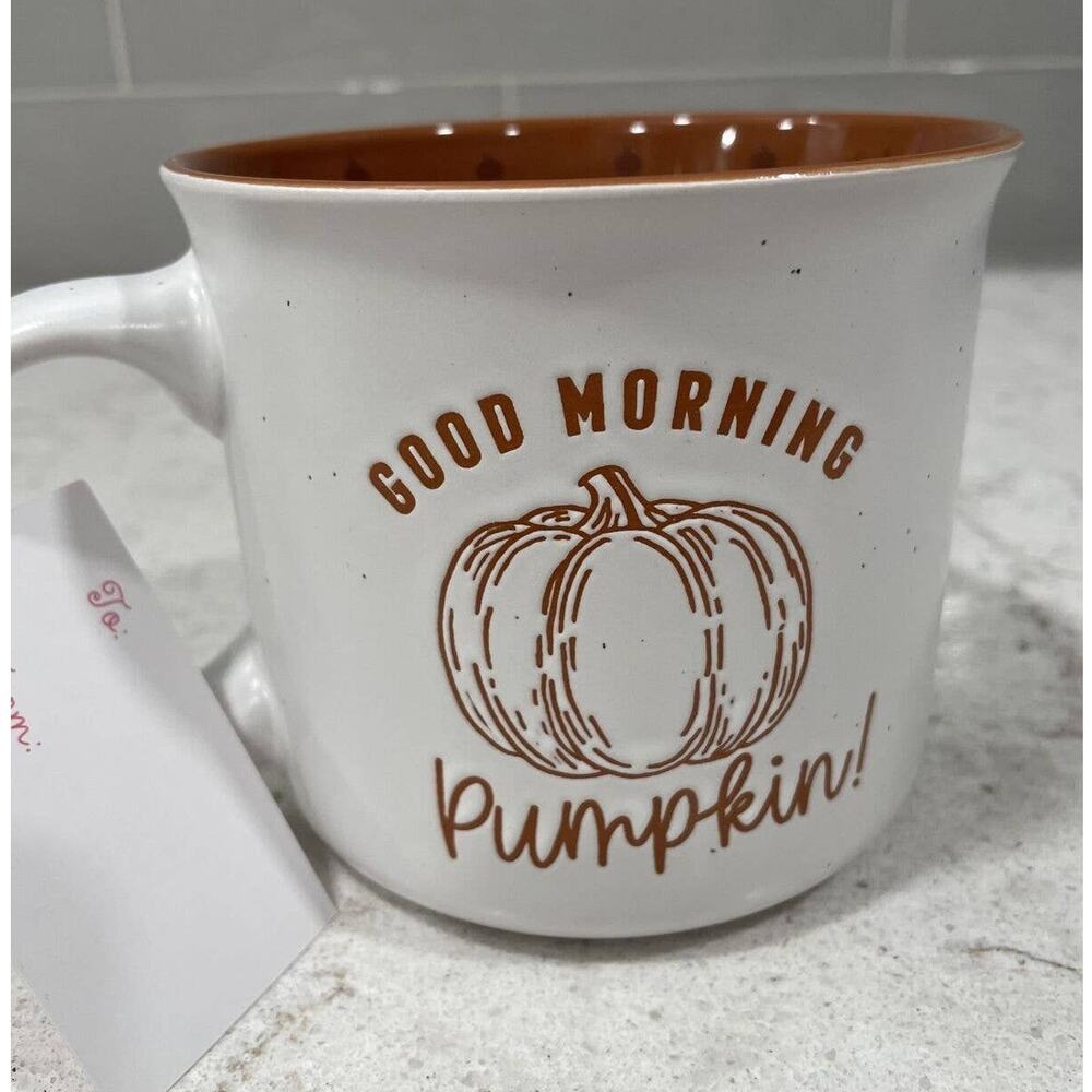 GOOD MORNING PUMPKIN 2 Side Embossed Coffee Mug 21oz Pumpkins Inside w/ Gift Tag